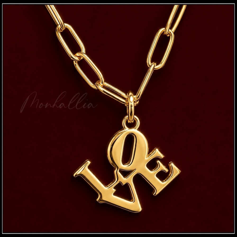 New 14k Gold Steel Love Paperclip Chain Pendant Necklace